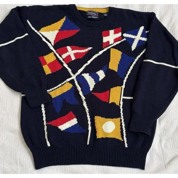 Hathaway Hand Intarsia Sweater Mens L Navy Golf Flags Vintage Cotton Grandpa 46” - Picture 7 of 7